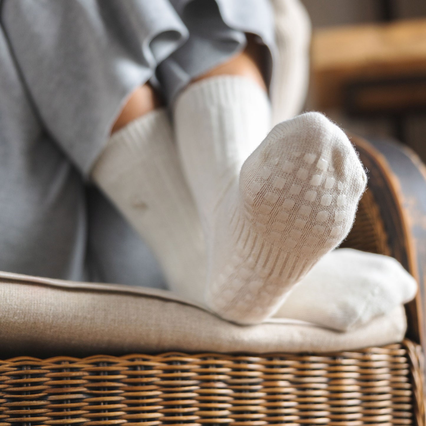 Merino Wool Non-Slip Socks- Cream