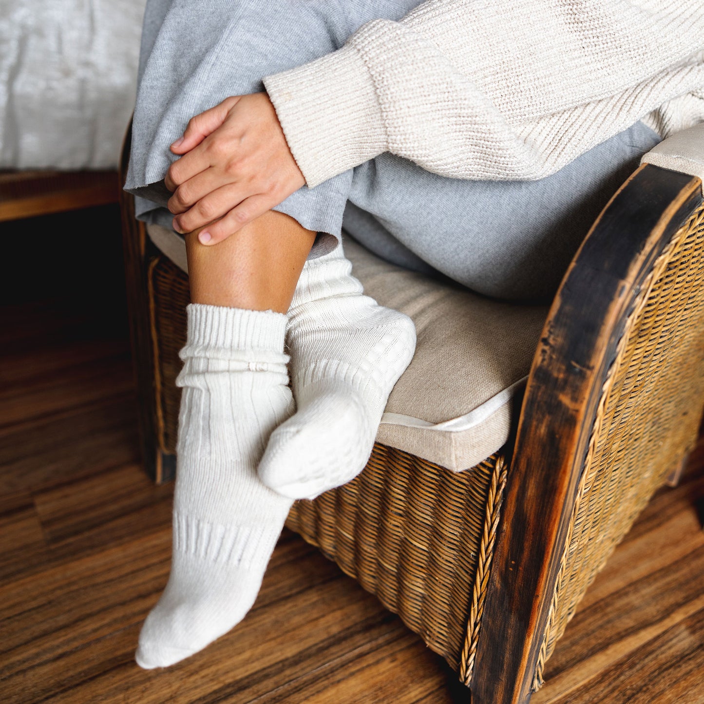 Merino Wool Non-Slip Socks- Cream